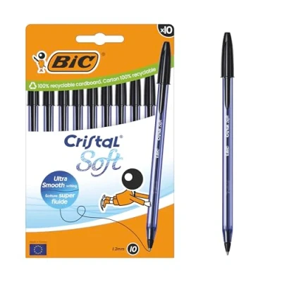 Imagen de BIC Cristal Soft Bolígrafos Bolitas Punta Media (1,2 mm) con tinta Easy Glide Negro, Caja de cartón 10