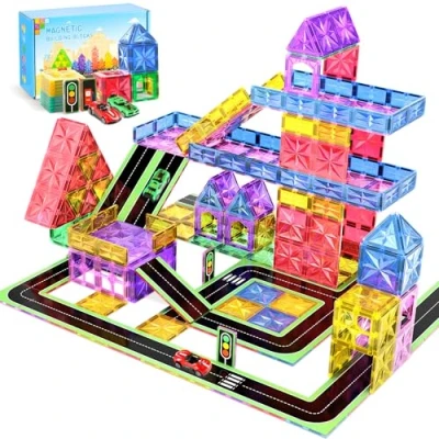 Imagen de Perbabe 72 Piezas Bloques Magneticos Construccion Niños, Construcciones Magneticas Niños Juguetes Caminos de Ciudad con 2 Coches para 3 4 5 6 7 8 Años Regalos cumpleaños y Navidad