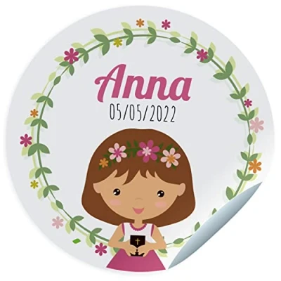Imagen de 24 Etiquetas adhesivas comunión. Pegatinas personalizadas con nombre y fecha para los regalos de tus invitados. Stickers adhesivos personalizados (45 mm)