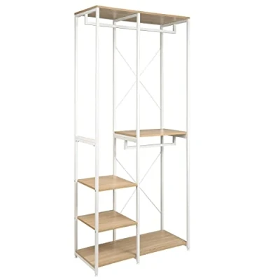 Imagen de WOLTU Perchero Burro Ropa con Estante Multiusos Fuerte Metal y Madera 90 x 40 204,5 cm(L P H) Color Blanco+Roble Claro SR0062whe