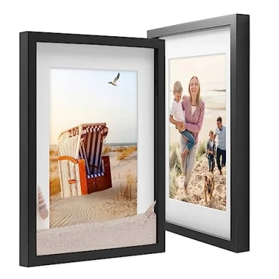 Imagen de PHOTOLINI 3D Marcos de Fotos 30x40 cm para Rellenar, Negro, 2 Piezas Marco con Profundidad Objetos hasta 1,5 cm, Madera MDF paspartú y Cristal Manualidades como Regalo