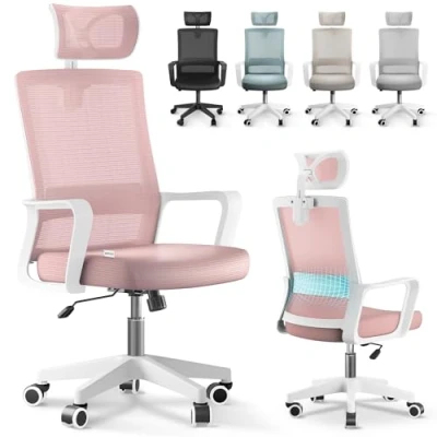 Imagen de JUPPLIES Silla Escritorio Ergonomica Oficina Ajustable y Reclinable con Soporte Lumbar, Reposacabezas Ajustable, Malla Transpirable, Ruedas Giratorias 360 Soporta hasta 100kg (Rosa)