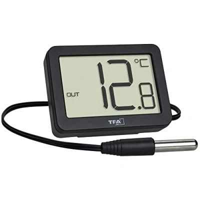 Imagen de TFA Dostmann Termómetro digital interior exterior 30.1066.01, incluye sonda de temperatura impermeable, valores máximos y mínimos, con imán, color negro