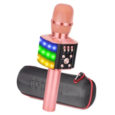Imagen de BONAOK Micrófono para Niños, de Grabador karaoke Bluetooth, 3 en 1 con Luces, Máquina Fiestas Casa Regalo Cumpleaños iPhone/Android (Oro Rosa)