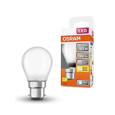 Imagen de OSRAM Lámpara LED P60 de Star para base B22D, forma caída, GL FR, 806 lúmenes, blanco cálido (2700k), reemplazo bombillas convencionales 60W, no dimmables, paquete 6