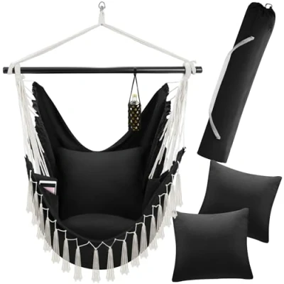 Imagen de tectake® Silla Colgante Estilo Bohemio, Interior y Exterior, Cojines Extra Gruesos, con Compartimento Posavasos, Carga 150kg, Incl. Bolsa Transporte, Columpio Jardín, Hamaca, Sillón Balancín negro