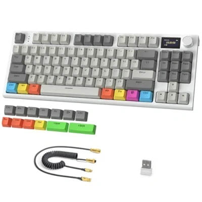 Imagen de RK86 Pro Teclado Mecánico Wireless 75%, para Juegos Tri Modo con 2.4G/BT5.0/USB C Cable, QWERTY Layout, Pantalla TFT HD de 1.2&#039;&#039; y Perilla, RGB Backlit Hot Swap Linear Switch PBT Keycap Gris