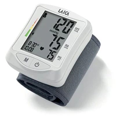 Imagen de Tensiómetro de muñeca Laica BM1006 120 memorias ( 60 para 2 usuarios), incluye estuche guardar, pantalla grande fácil lectira. Gris/Blanco
