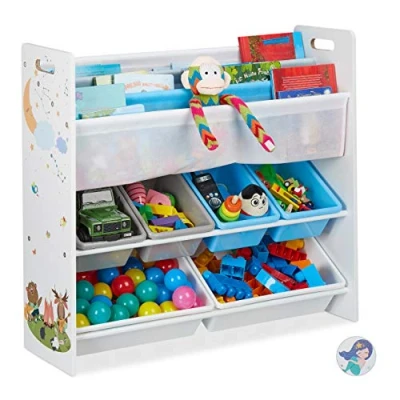 Imagen de Relaxdays Estantería Infantil, 6 Cajas Plástico, 4 Estantes Tela, Mueble Juguetes Animales, 78x86x26,5 cm, Multicolor, Hierro