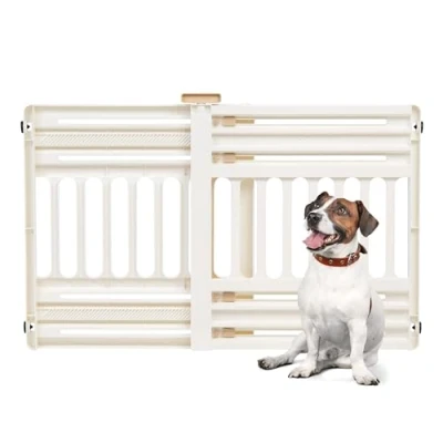 Imagen de Iris Ohyama, Barrera de Seguridad para Perros Extensible hasta 100 cm Pet Barrier PB 600, plástico, Blanco y Beige