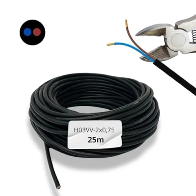 Imagen de HALOTEC 25 metros Cable electrico 2 hilos 2x0.75 H03VV F Doble aislamiento PVC Instalación corriente Negro Manguera Redonda