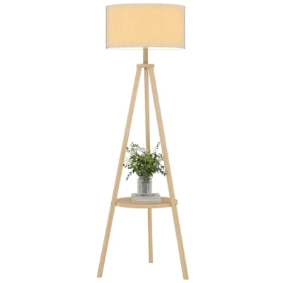 Imagen de HOMCOM Lámpara de Pie Trípode con Estante Salón Pantalla Lino Interruptor para Sala Estar Oficina Dormitorio Gris y Natural