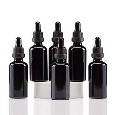 Imagen de YIZHAO Negro Frasco Cuentagotas Cristal 50ml, con Goteros Cristal, para Aceite Esencial, Laboratorio, Aromaterapia, Fragancia, Masaje, Cosméticos, Viajes 6Pcs