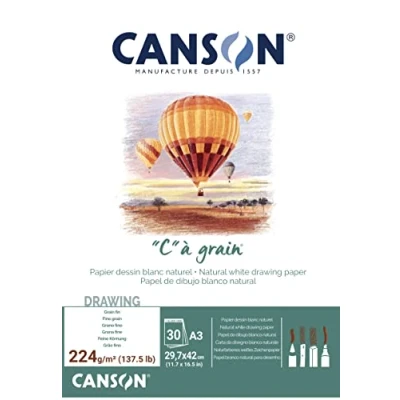 Imagen de Canson &#039;&#039;C&#039;&#039; à grain, Papel de dibujo blanco, Grano fino, 224g, Encolados por el lado corto, A3 29,7x42cm, Blanco natural, 30 Hojas