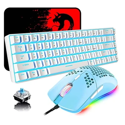 Imagen de Teclado y Raton con Cable Gaming, 68 Teclas Interruptor Azul 60% Luz de Fondo Hielo Mecánic Blanco, 6400DPI Programable Panal Ligero Mouse Verde, Compatible Windows Mac PS4 XBox