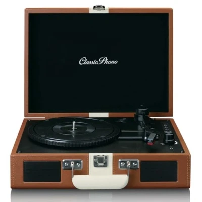 Imagen de Classic Phono by Lenco TT 120 Tocadiscos con batería integrada Bluetooth 33, 45, 78 RPM transmisión por correa 2 altavoces entrada auxiliar salida RCA 3,5 mm marrón/blanco
