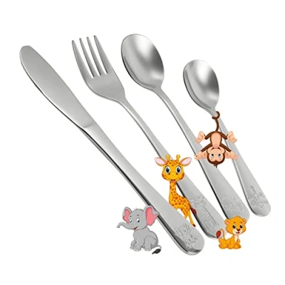 Imagen de Conjunto de Cubertería Safari para Niños 4 Piezas Kit con Diseños Animales Incluye Cucharas, Cuchillo y Tenedor Ideal Desde 3 Años