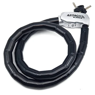 Imagen de Artago ART6120 Candado Piton Moto Sin o Con Alarma 120dB, Cable Acero Articulado Blindado, 120cm, Flexible, Botón ON, Función Warning, Impermeable, Cadena Pitón Antirrobo Bici, Patinete Electrico
