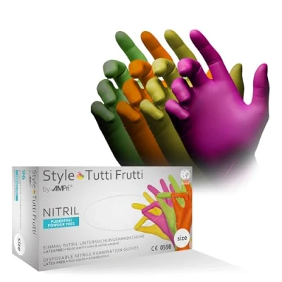 Imagen de guantes de nitrilo multicolores, 96 unidades/caja, talla XS, sin polvo, estilo tutti frutti by Med Comfort: desechables disponibles en las tallas S, M, L, XL