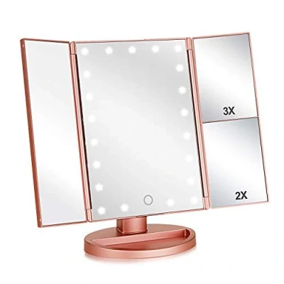 Imagen de Espejo Maquillaje con Luz,Flymiro Profesional Cosmético 1X, 2X,3X Iluminacíon 21 LED Pantalla táctil Lámparas,Plegable Lámpara 180 Rotación Coméstico Mostrador,Mejor Regalo (Oro Rosa)