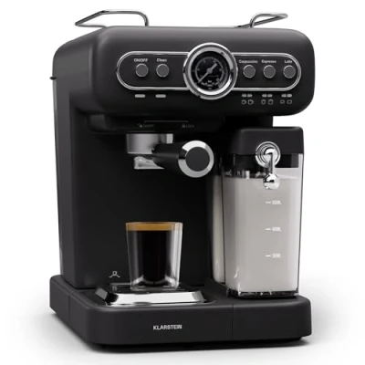 Imagen de Klarstein Cafetera Expresso Automatica con Espumador de Leche, Espresso 1.2 l. Cafeteras, Pequeña Acero Inoxidable 1350W para Capuccino, Automatica, Maquina Cafe