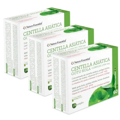Imagen de Nature Essential Centella asiática (complex) 2500 mg 60 Cápsulas vegetales con castaño de indias, vid roja, ginkgo Biloba y Vitamina B 6. (Pack 3 unidades)