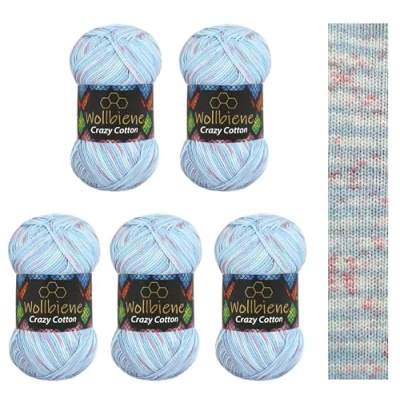 Imagen de Wollbiene Crazy Cotton Batik 6070 5 ovillos de 100 g lana para tejer (500 g, 55% algodón, 500 g), multicolor con degradado, (6070 azul claro, lila color)