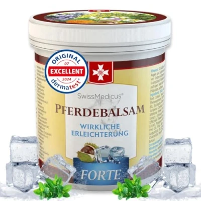 Imagen de SwissMedicus Bálsamo de caballo forte efecto frío 500 ml que contiene extractos 25 hierbas Consuelda castaño Indias enebro árnica y eucalipto Fyzio Gel