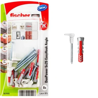 Imagen de fischer blíster con tacos EasyHook DuoPower 5x25 alcayata y tornillos colgar cuadros,estanterias. 8ud.