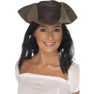 Imagen de Smiffys Sombrero de pirata con aspecto cuero, marrón, pelo negro