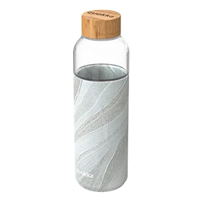 Imagen de Quokka Flow White Stone 660 ML Botella de Agua Cristal Borosilicato Vidrio con Funda Silicona y Tapón Bambú