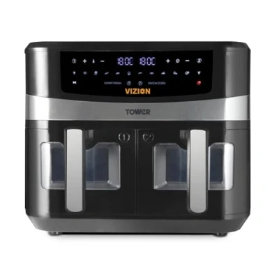 Imagen de Tower T17100 Freidora de Aire Doble Cesta Sin Aceite con Tecnología Vortx, Ventana Vizion, Panel Control Digital y 10 Preajustes Air Fryer Doble, 9 L Negro