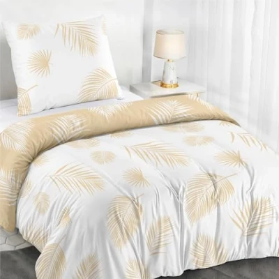 Imagen de 1 Funda nordica Cama 140x200 cm Diseño de Hojas Palmera Beige y Blanco con Almohada 65x65 100% Microfibra Certificada Oeko Tex