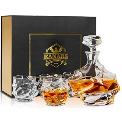 Imagen de KANARS Vasos y Jarra de Whisky, Libre Plomo Cristalino Resistente Botella Whisky Set para Scotch, Bourbon, 750 ml Decantador 4 Copas Whiskey 320 ml, Caja Regalo Lujo, 5 Piezas