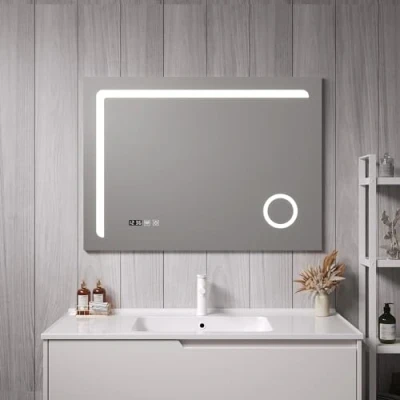 Imagen de pro.tec Espejo de Pared con LED para Baño Lupa 3X Reloj Interruptor Táctil Instalación Horizontal IP65 3 Opciones Temperatura Luz Blanca Aluminio 70 x 100 cm Plateado