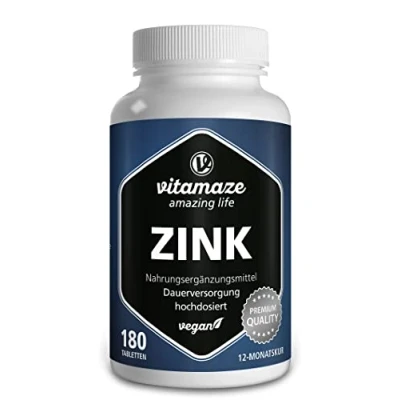 Imagen de Vitamaze® Zinc Tabletas, 25 mg por Dia, 180 Pastillas Vegano para 12 Meses, la Mejor Biodisponibilidad, Natural Pura Suplemento Alimenticio sin Aditivos Innecesarios, Calidad Alemana