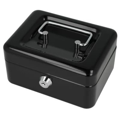 Imagen de Westcott Caja de efectivo con cerradura (compacta, 15 cm) Negra chapa acero 2 llaves Inserto extraíble para monedas 6 compartimentos E 51000 BLACK