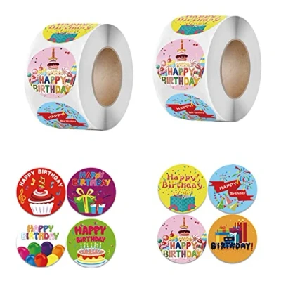 Imagen de 2 Rollo Feliz Cumpleaños Pegatinas，Adhesivas Redondas，para decoración de Sobres Regalo, Regalo Bricolaje para Fiestas.