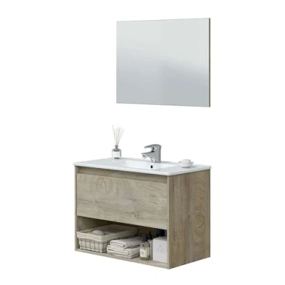 Imagen de ARKITMOBEL Mueble de Baño Suspendido con 1 Cajon, Hueco y Espejo, Modulo Colgante, Modelo Cotton, Acabado en Roble Alaska, Medidas: 80 cm (Ancho) x 59 (Alto) 45 (Fondo)