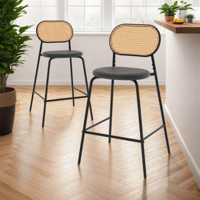 Imagen de Lote de 2 taburetes bar vintage CLOTILDE metal negro con respaldo caña