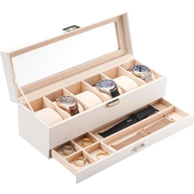 Imagen de Procase Caja de Relojes 6 Ranuras con Cajón, Funda Organizadora Reloj 2 capas Tapa Cristal, Estuche Almacenamiento para Hombres y Mujeres Blanco
