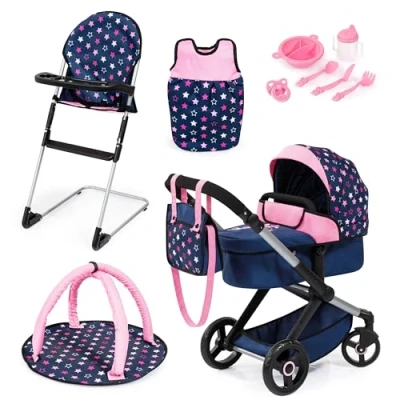 Imagen de Bayer Design 17016AD Cochecito de muñeca XEO, Convertible, Regulable en Altura, Trona para muñeco bebé, Bolsa, Saco Dormir, Gimnasio Actividades, Accesorios