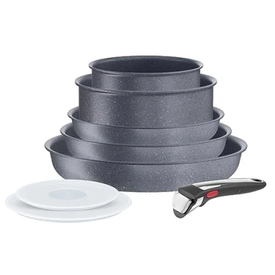 Imagen de Tefal Ingenio Natural On Juego 5 piezas + Mango extraíble Tapas Revestimiento antiadherente Mineralia,indicador de temperatura, cocina saludable, fabricado en Francia, apto para inducción, Rojo