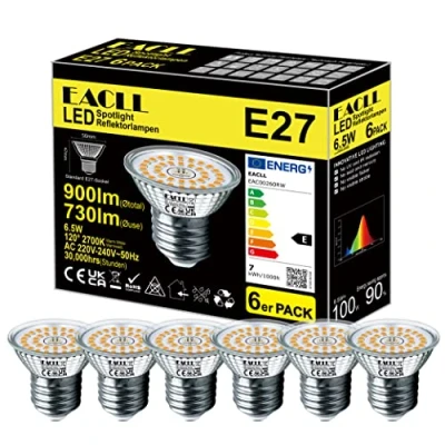 Imagen de EACLL Bombillas LED E27 2700K Blanco Cálido 6.5W 730 Lúmenes Equivalente 100W Halógeno Incandescente, AC 230V Sin Parpadeo 120 Focos, Lámpara Reflectora no Regulable, 6 Pack