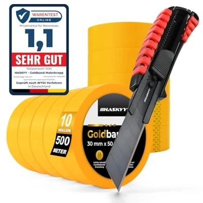 Imagen de HASKYY Goldband cinta adhesiva para pintor (10 unidades, 30 mm x 50 m, incluye cúter de aluminio, bordes colores afilados, adhesiva, con hoja SK5 extraafilada)