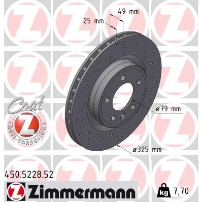 Imagen de ZIMMERMANN 450.5228.52 Disco de freno 325 25 6/5 5 120 ventilación interna, perforado revestido altamente carbonizado LAND ROVER: Range Rover Sport