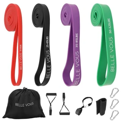 Imagen de Belle Vous Set de 4 Bandas Elasticas Resistencia y Bolsa Viaje Niveles para Entrenamiento Fuerza, Estiramiento, Yoga, Pilates o Gimnasio en Casa Hombres Mujeres