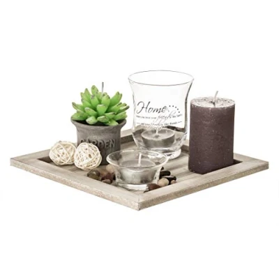 Imagen de ootb Artículos de Decoración/Plato Cuadrado Madera Natural con Portavelas, Velas y Piedras Decorativas