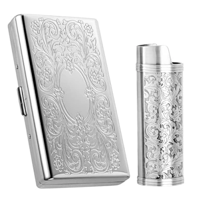 Imagen de Vintage Metal Cigarette Case with J6 Lighter Case, Holds 12pcs 100mm Cigarettes, Can Also Be Used for RFID Credit Card and Cash Organizer (Plata, 100&#039;s)