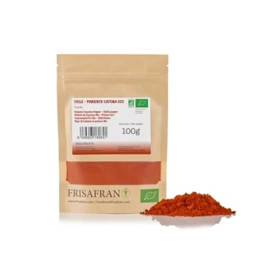 Imagen de FRISAFRAN Pimienta Cayena en polvo 100g molida Ecológica sin aditivos Estimula el tracto digestivo picante Origen ESPAÑA